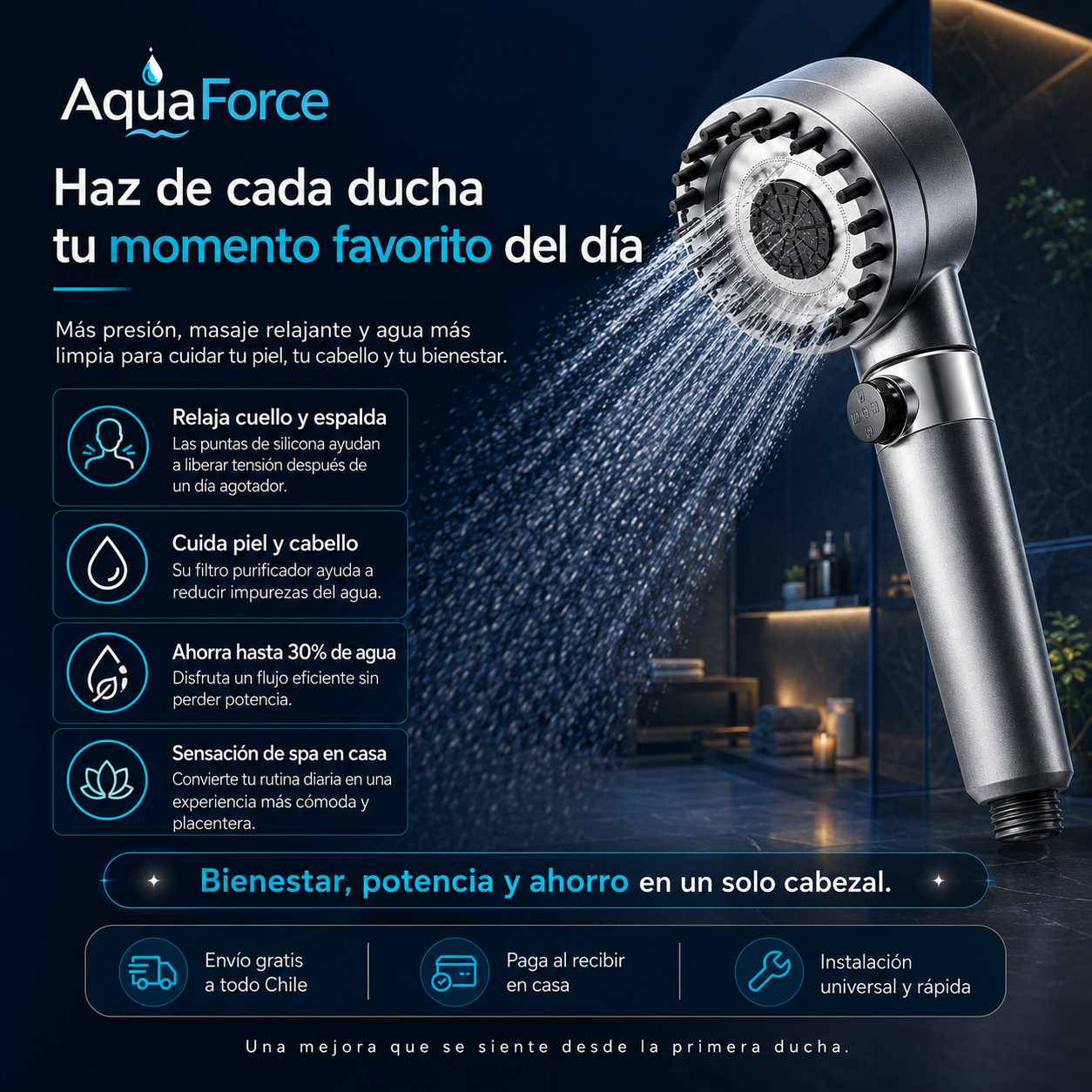AquaForce™ – Ducha de Alta Presión con Efecto Masaje