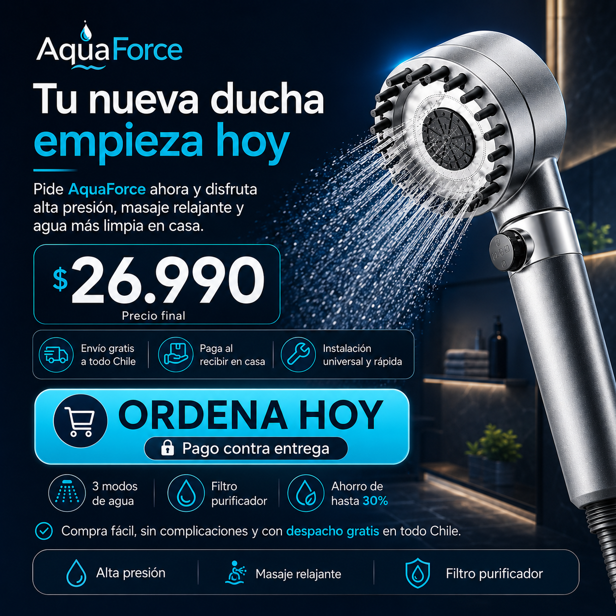 AquaForce™ – Ducha de Alta Presión con Efecto Masaje