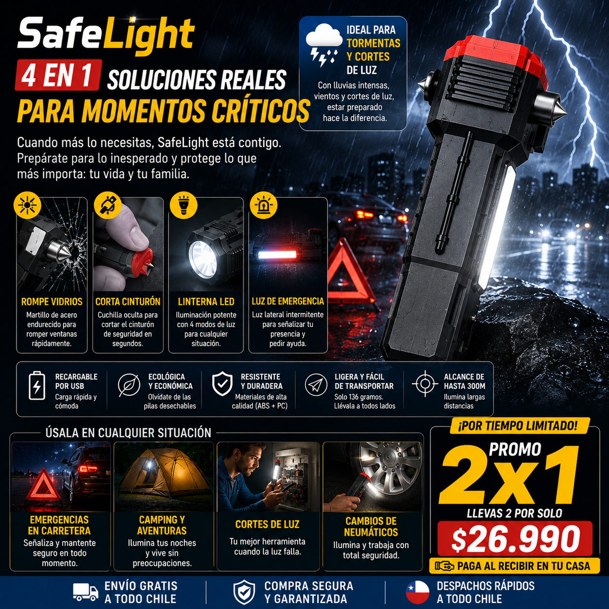 SafeLight™ – KIT de Emergencia Recargable - Linterna 4 en 1