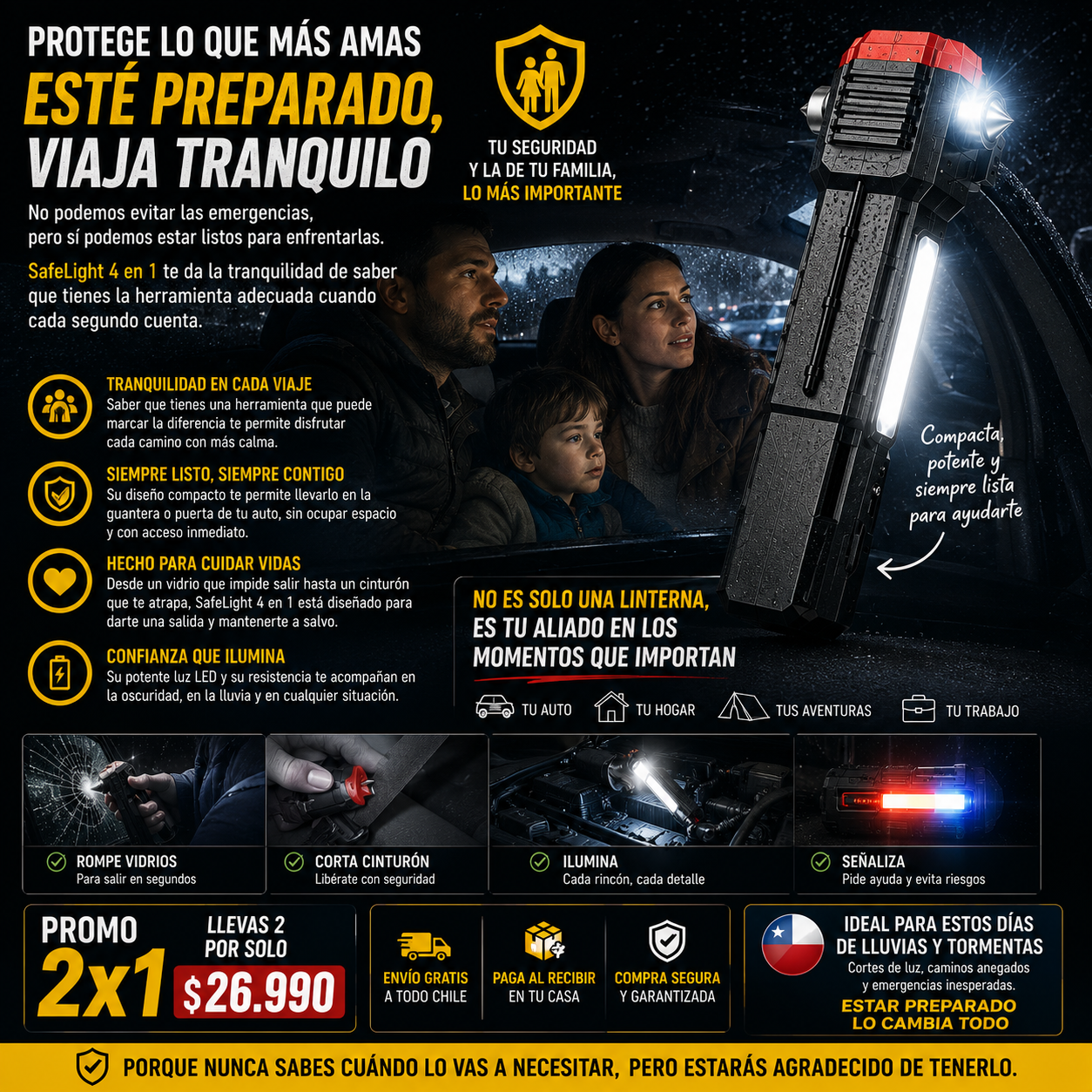 SafeLight™ – KIT de Emergencia Recargable - Linterna 4 en 1
